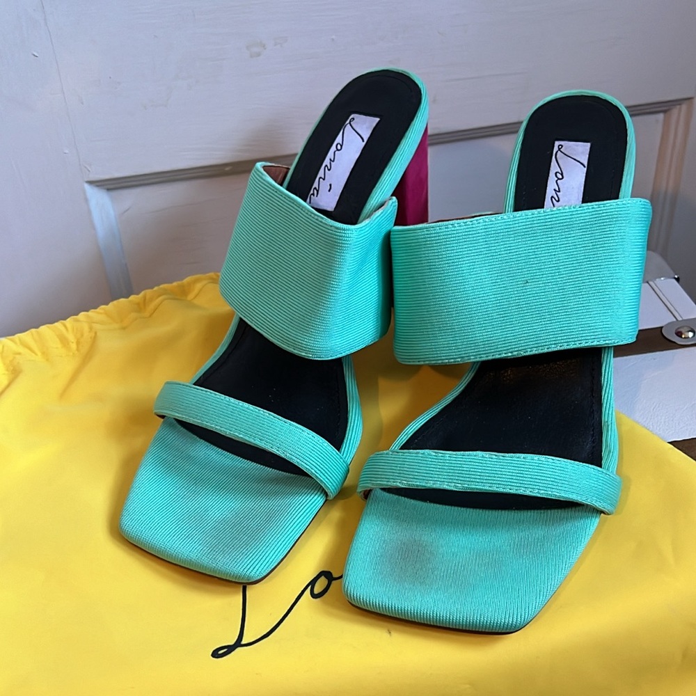 Teal and Pink Block Heel Mules - Extended Size 11 (Wide fit)
